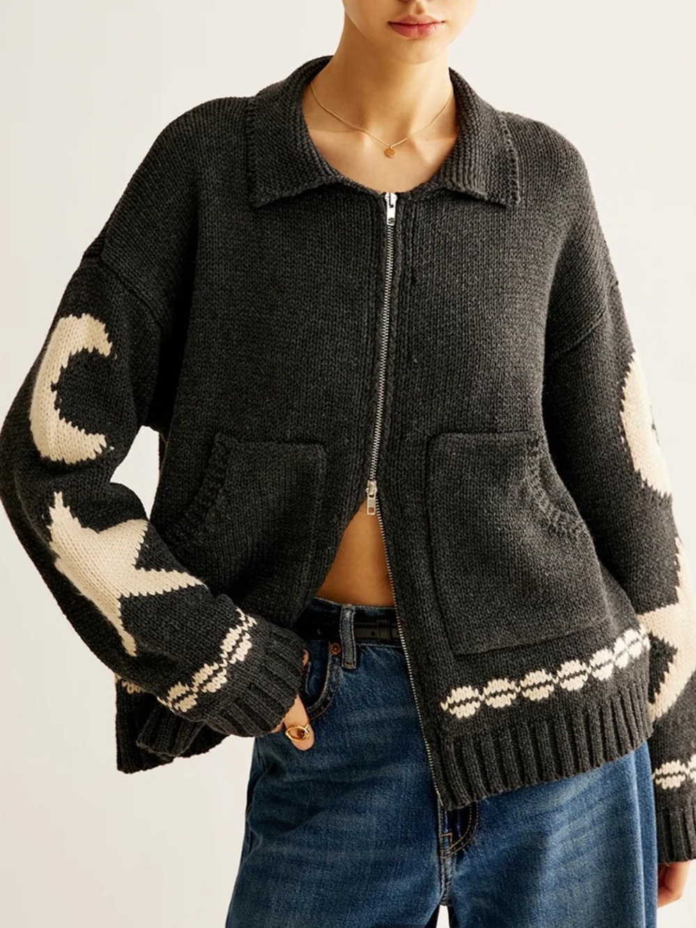 Commense Black & Cream Zip-Front Teddy Knit Jacket